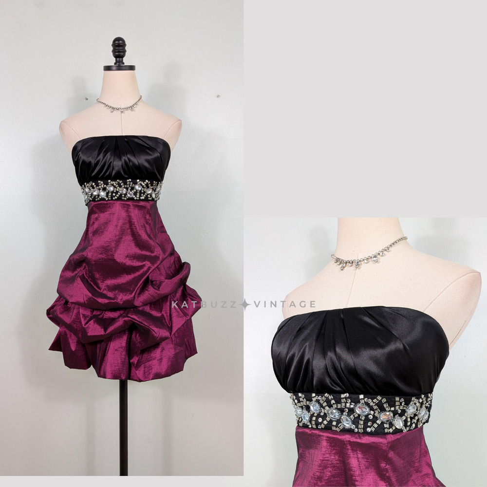 Vintage Prom Dress Mini Gown XS Pink Black Y2K Bubble Empire Rhinestone Hoco